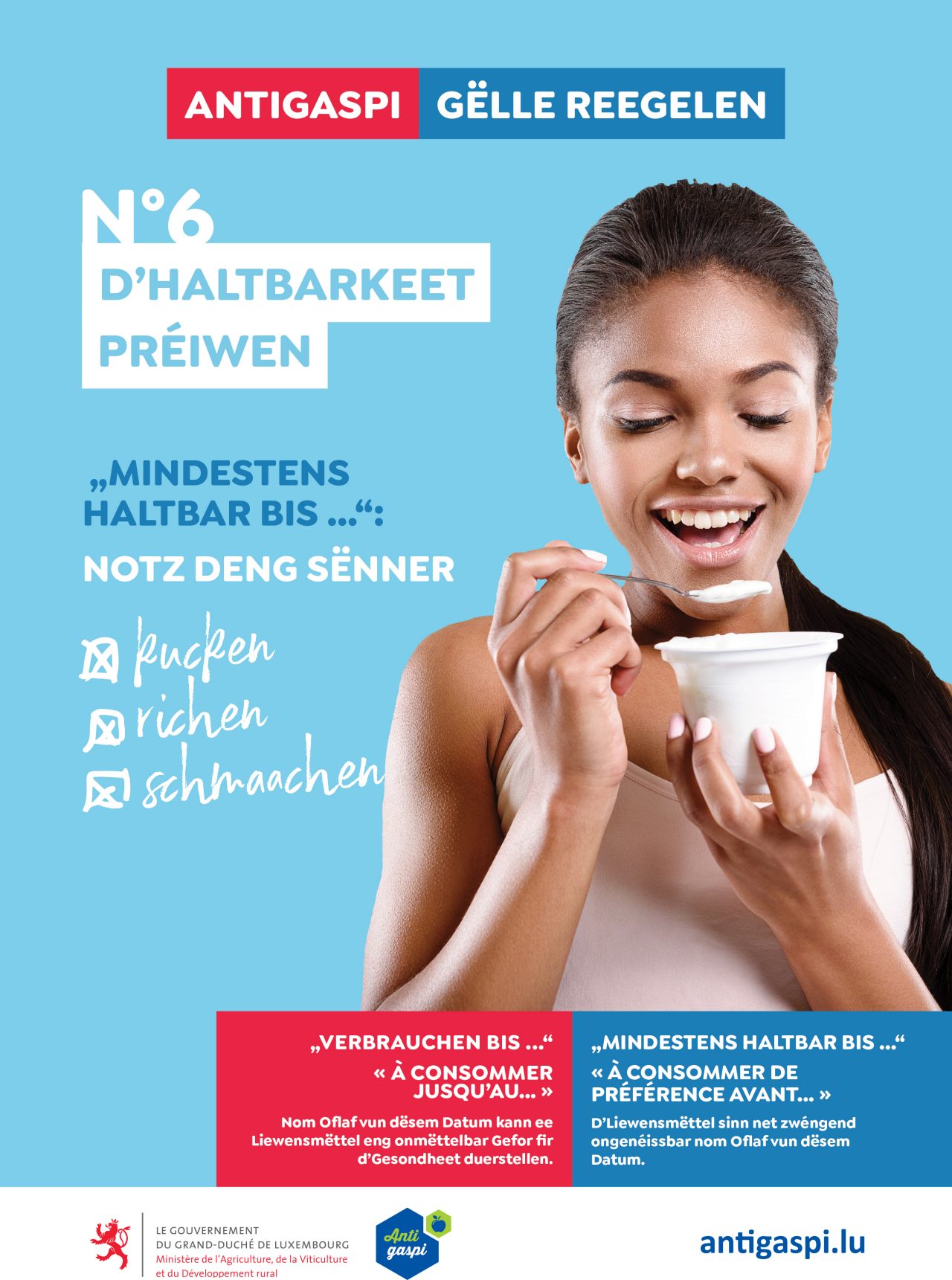 Die goldene Regel Nummer 6 „Die Haltbarkeit prüfen“ wird erklärt: Eine junge Frau löffelt einen Joghurt, neben ihr steht: „Mindestens haltbar bis ... Nutze Deine Sinne: Schauen, Riechen, Schmecken.“ 