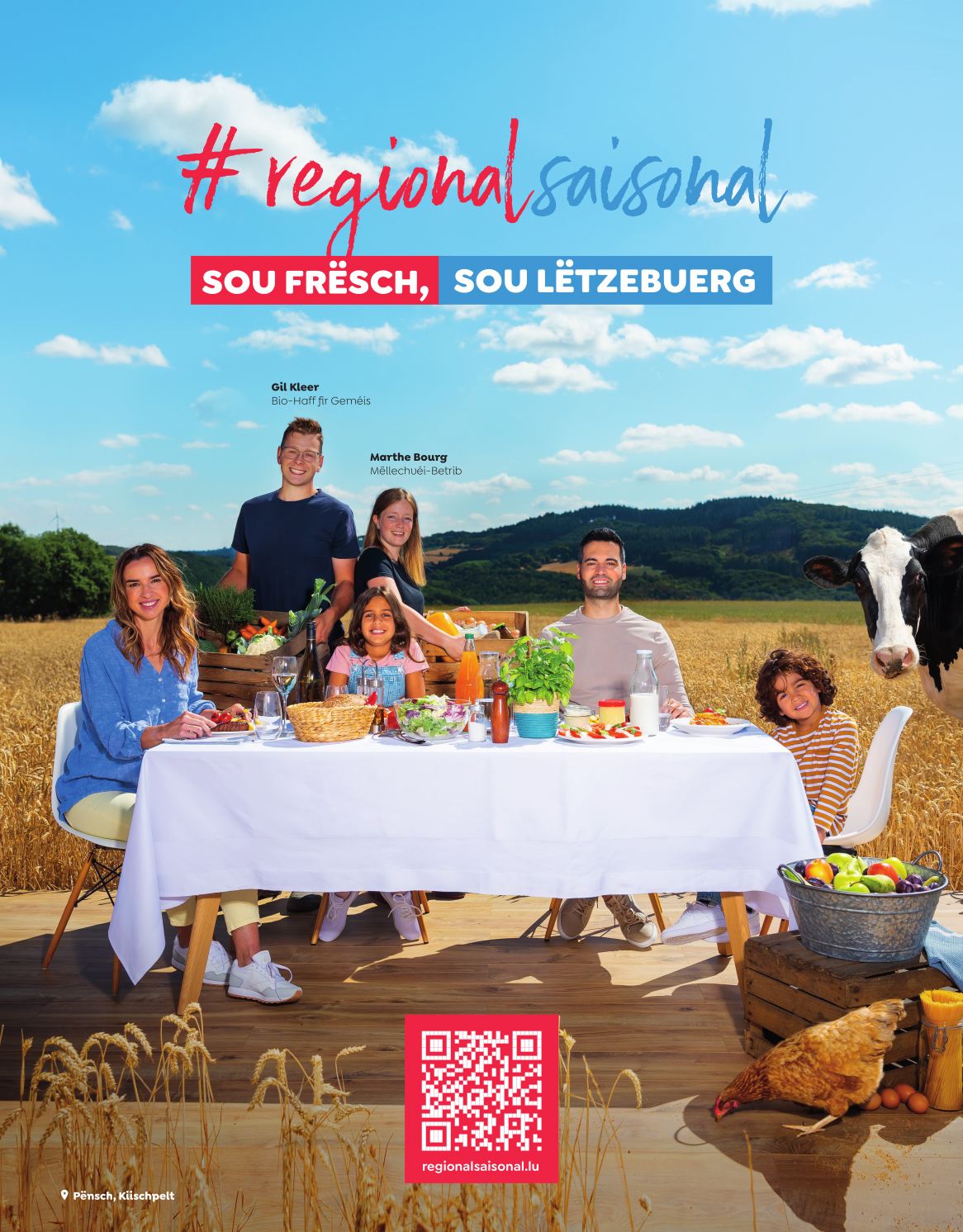 Das Plakat der Kampagne „Sou frësch, sou Lëtzebuerg“ zeigt eine Familie am Esstisch mitten in einem Weizenfeld. Der Tisch ist mit Lebensmitteln der Saison und aus der Region gedeckt.